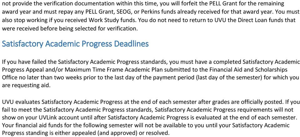 Satisfactory Academic Progress Deadlines If you have failed the Satisfactory Academic Progress standards, you must have a completed Satisfactory Academic Progress Appeal and/or Maximum Time Frame