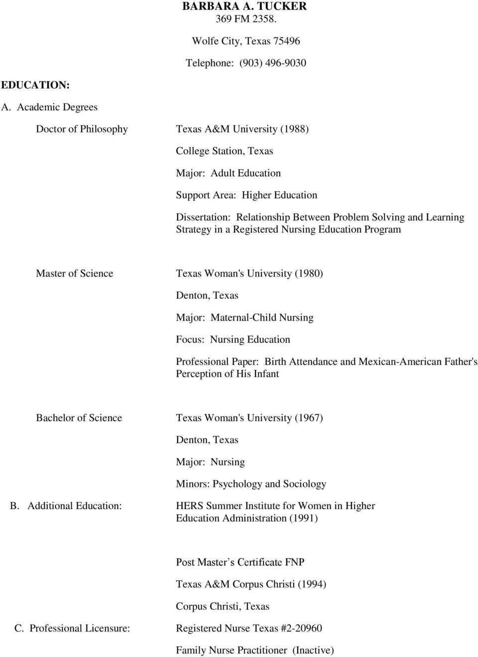 Learning Strategy in a Registered Nursing Education Program Master of Science Texas Woman's University (1980) Major: Maternal-Child Nursing Focus: Nursing Education Professional Paper: Birth