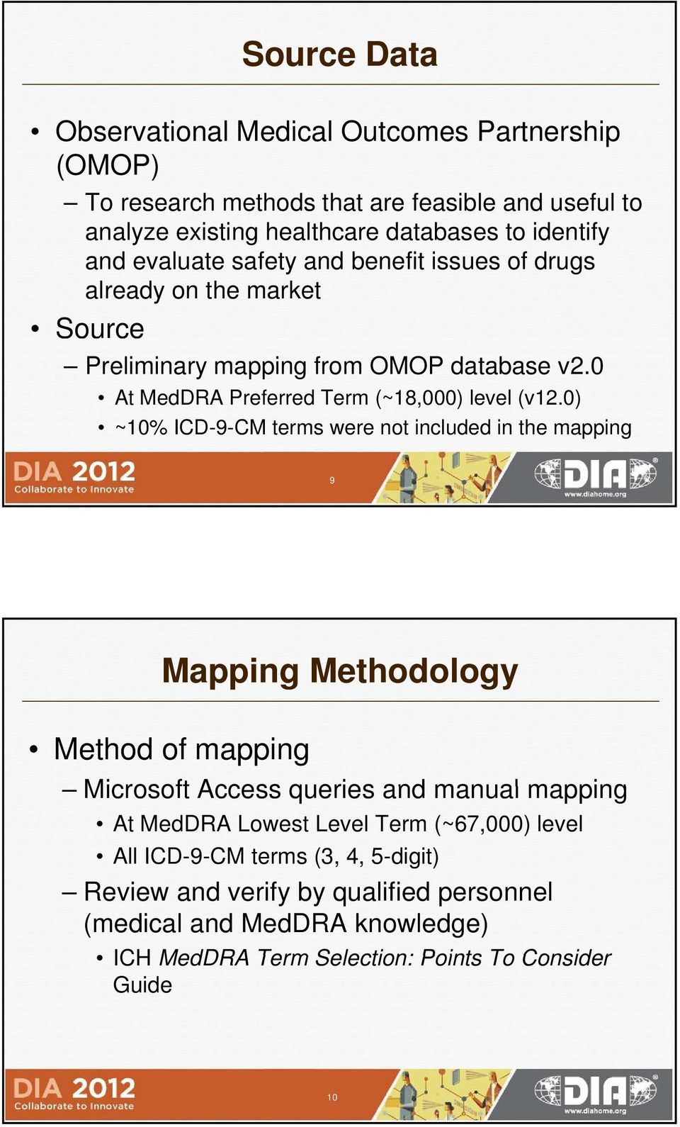 0) ~10% ICD-9-CM terms were not included in the mapping 9 Mapping Methodology Method of mapping Microsoft Access queries and manual mapping At MedDRA Lowest Level Term