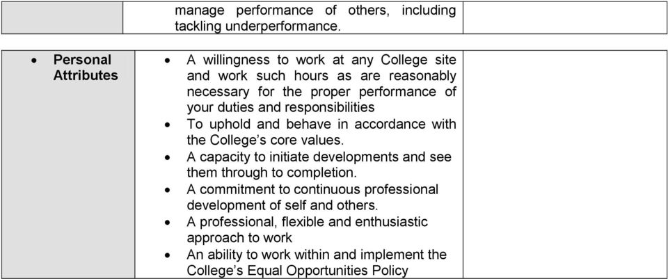 duties and responsibilities To uphold and behave in accordance with the College s core values.