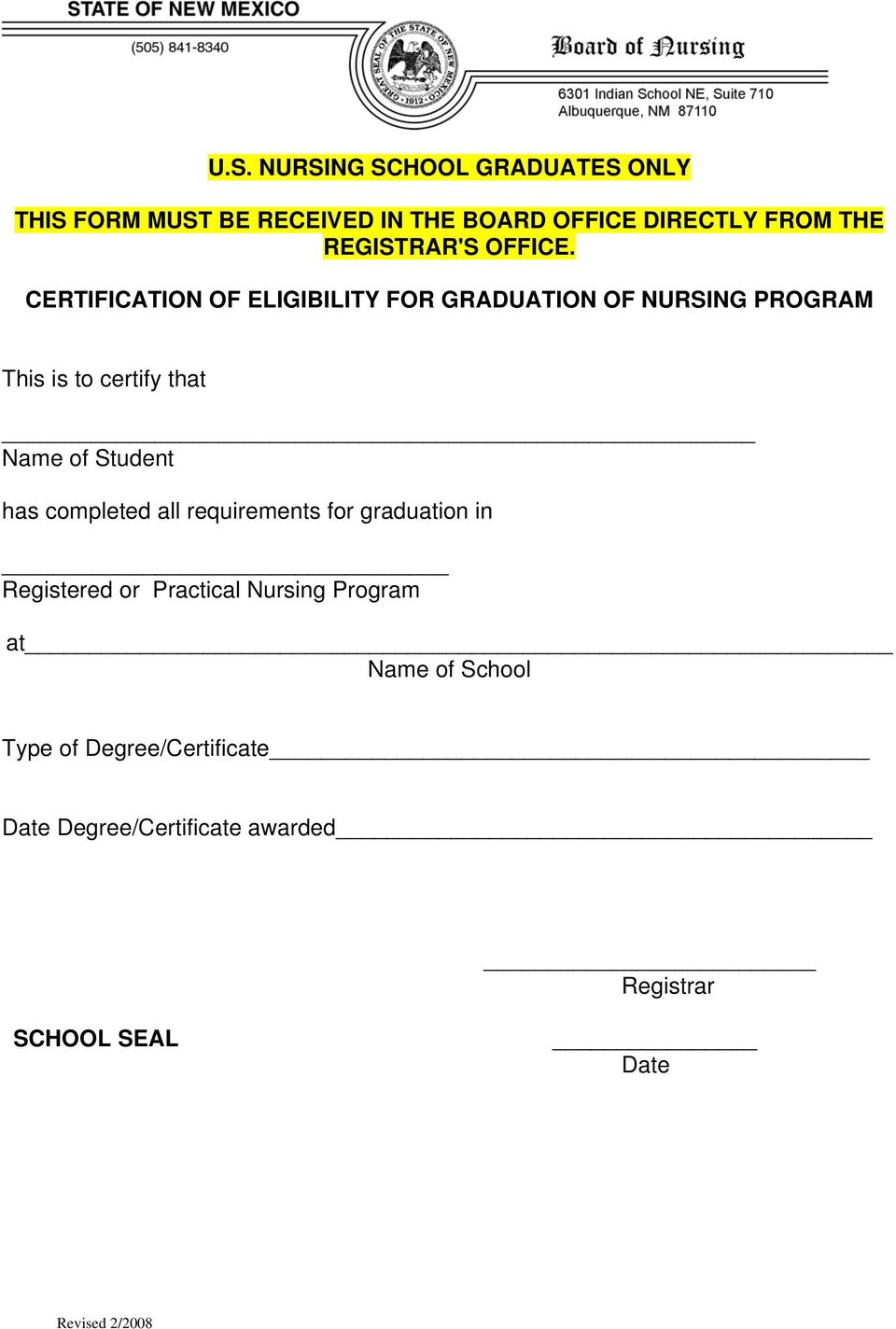 CERTIFICATION OF ELIGIBILITY FOR GRADUATION OF NURSING PROGRAM This is to certify that Name of Student