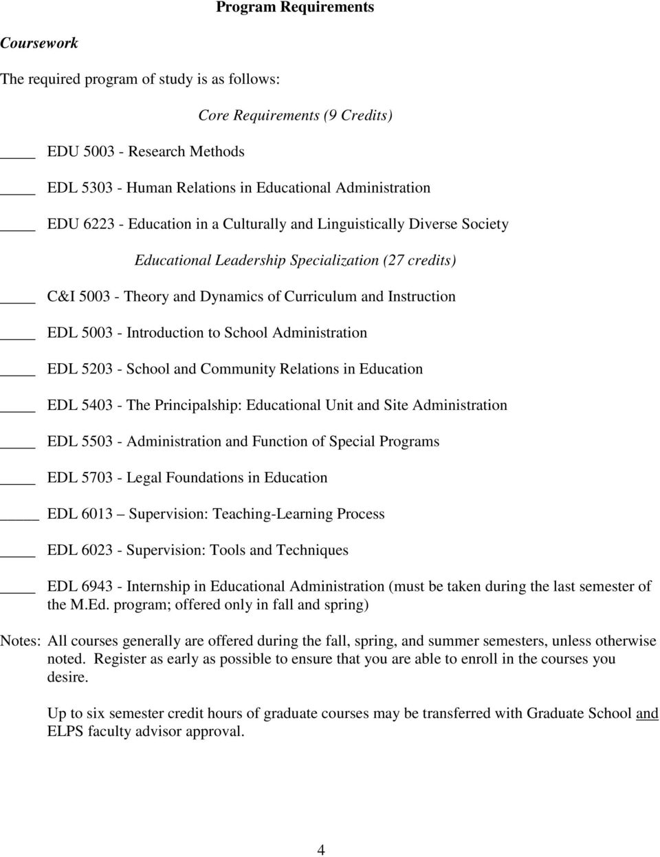 Introduction to School Administration EDL 5203 - School and Community Relations in Education EDL 5403 - The Principalship: Educational Unit and Site Administration EDL 5503 - Administration and
