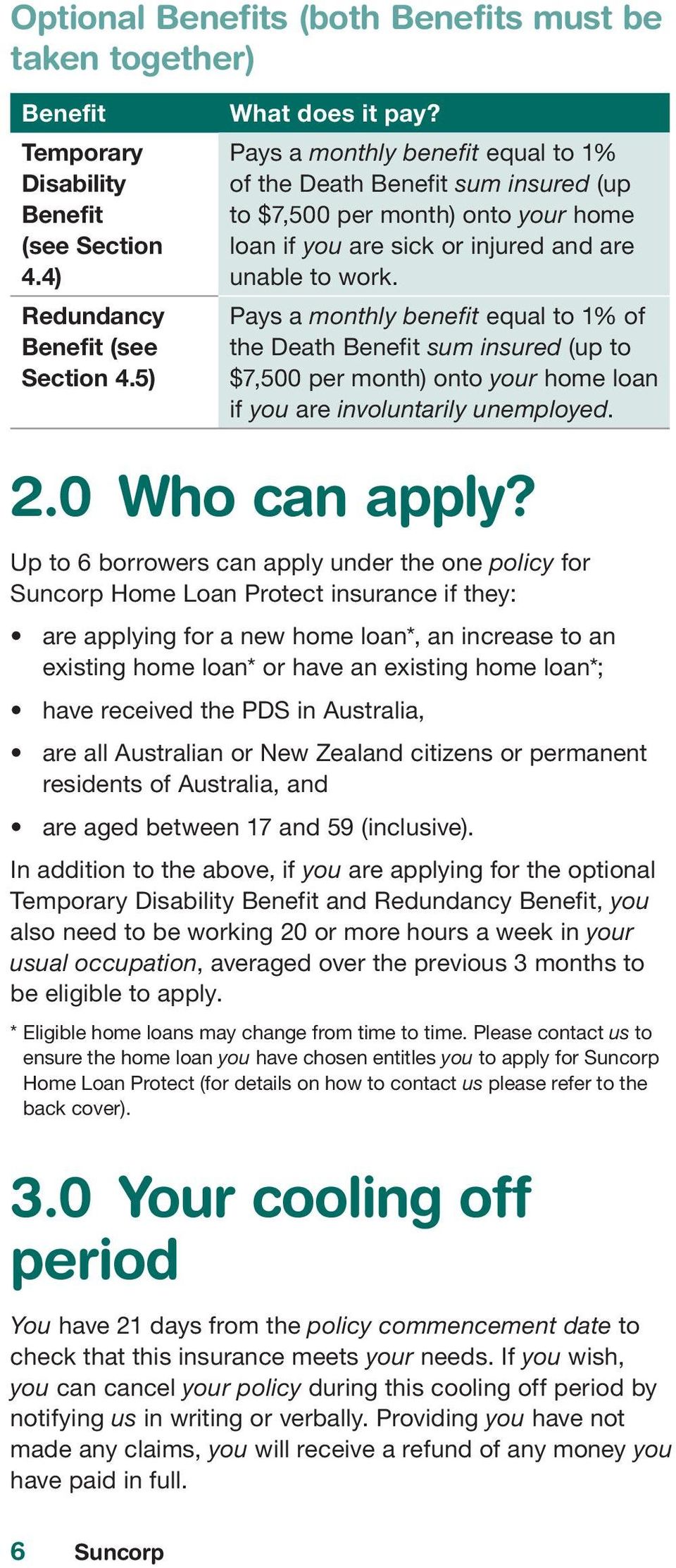 Pays a monthly benefit equal to 1% of the Death Benefit sum insured (up to $7,500 per month) onto your home loan if you are involuntarily unemployed. 2.0 Who can apply?