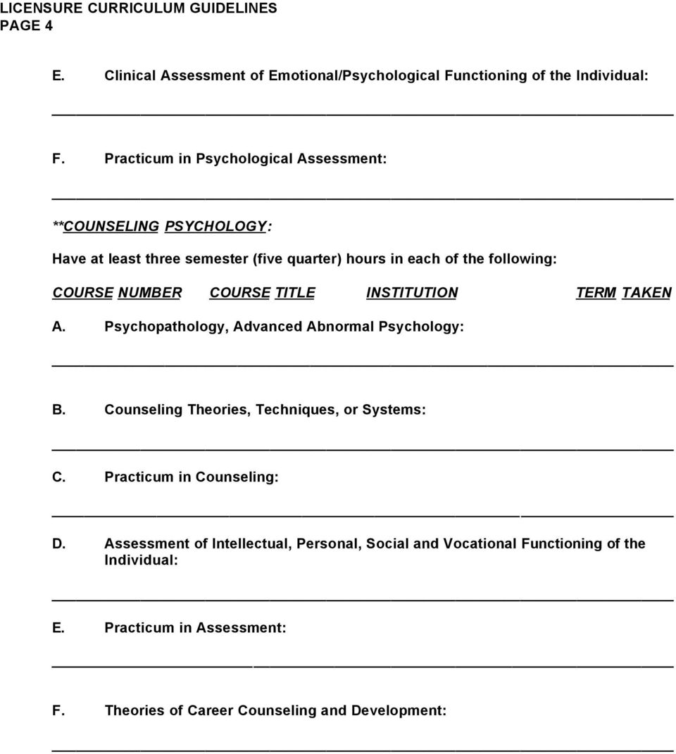 following: A. Psychopathology, Advanced Abnormal Psychology: B. Counseling Theories, Techniques, or Systems: C.