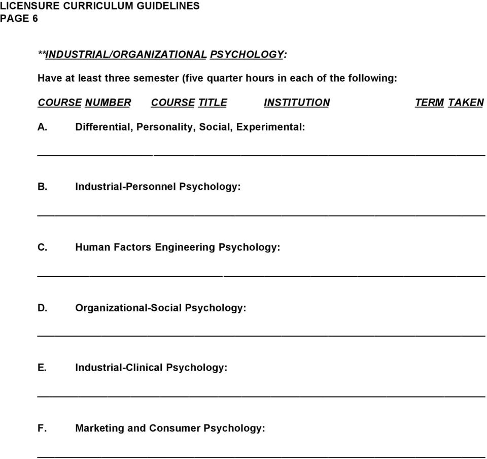 Industrial-Personnel Psychology: C. Human Factors Engineering Psychology: D.