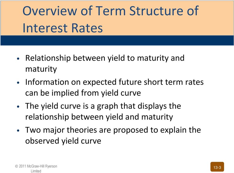 yield curve The yield curve is a graph that displays the relationship between yield