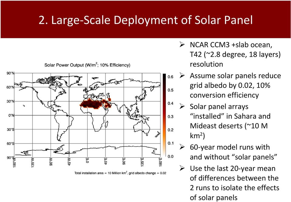 02, 10% conversion efficiency Solar panel arrays installed in Sahara and Mideast deserts (~10 M km