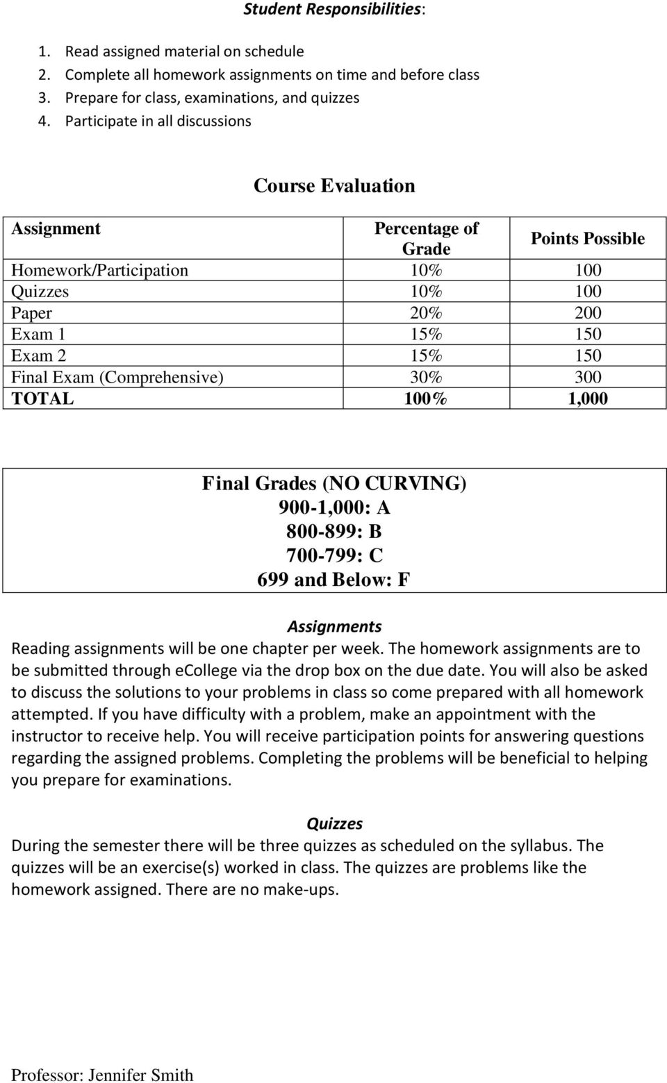(Comprehensive) 30% 300 TOTAL 100% 1,000 Final Grades (NO CURVING) 900-1,000: A 800-899: B 700-799: C 699 and Below: F Assignments Reading assignments will be one chapter per week.