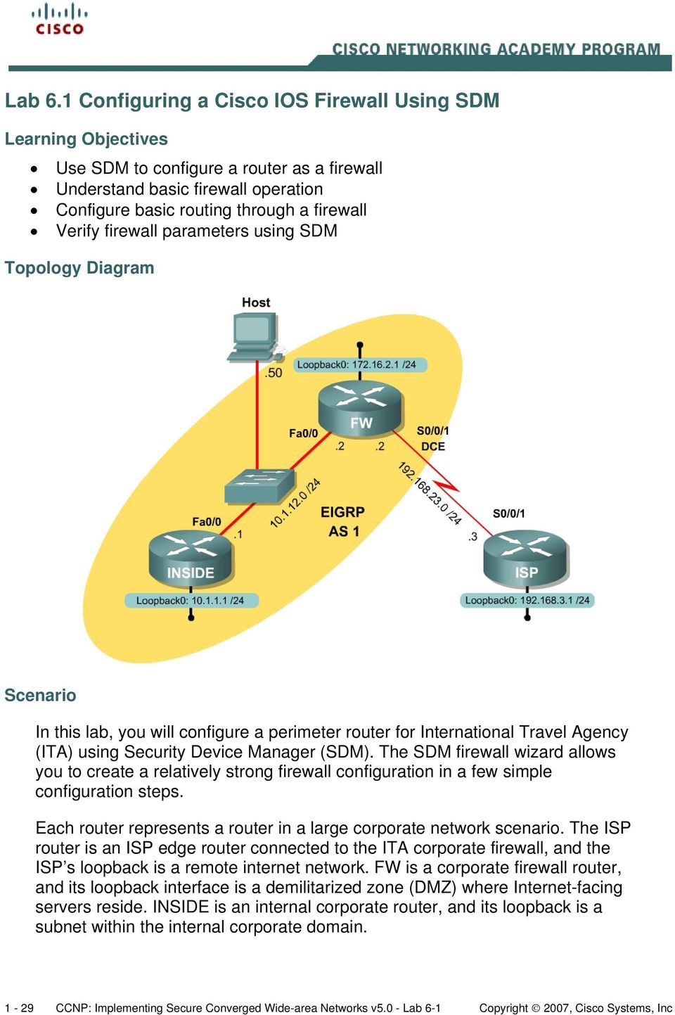 firewall parameters using SDM Topology Diagram Scenario In this lab, you will configure a perimeter router for International Travel Agency (ITA) using Security Device Manager (SDM).