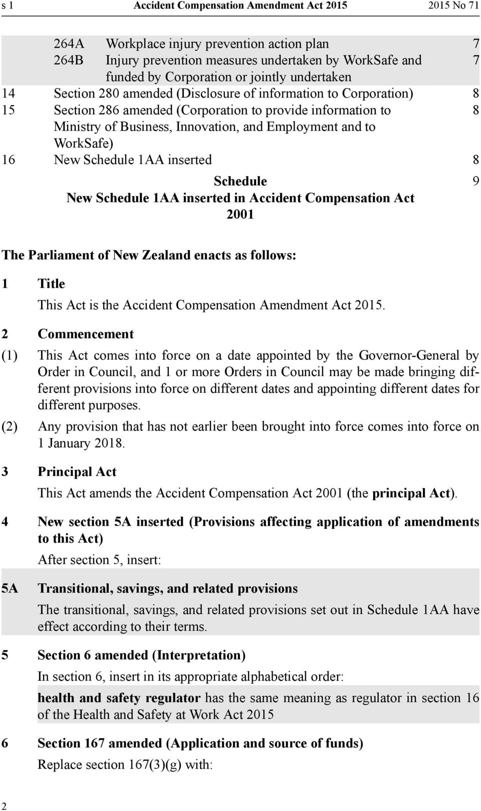 WorkSafe) 16 New Schedule 1AA inserted 8 Schedule New Schedule 1AA inserted in Accident Compensation Act 2001 9 The Parliament of New Zealand enacts as follows: 1 Title This Act is the Accident