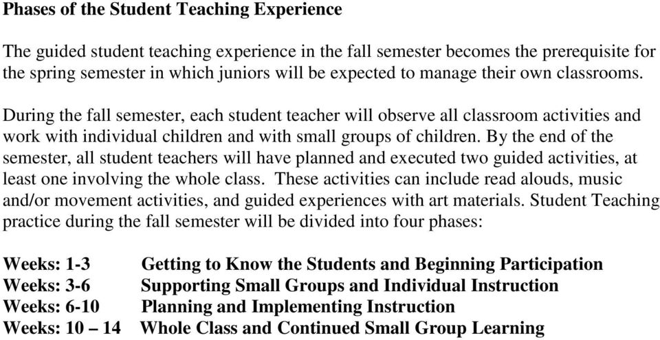 By the end of the semester, all student teachers will have planned and executed two guided activities, at least one involving the whole class.