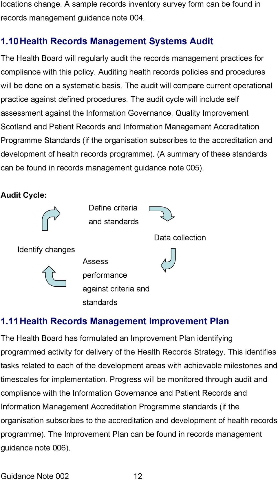 Auditing health records policies and procedures will be done on a systematic basis. The audit will compare current operational practice against defined procedures.
