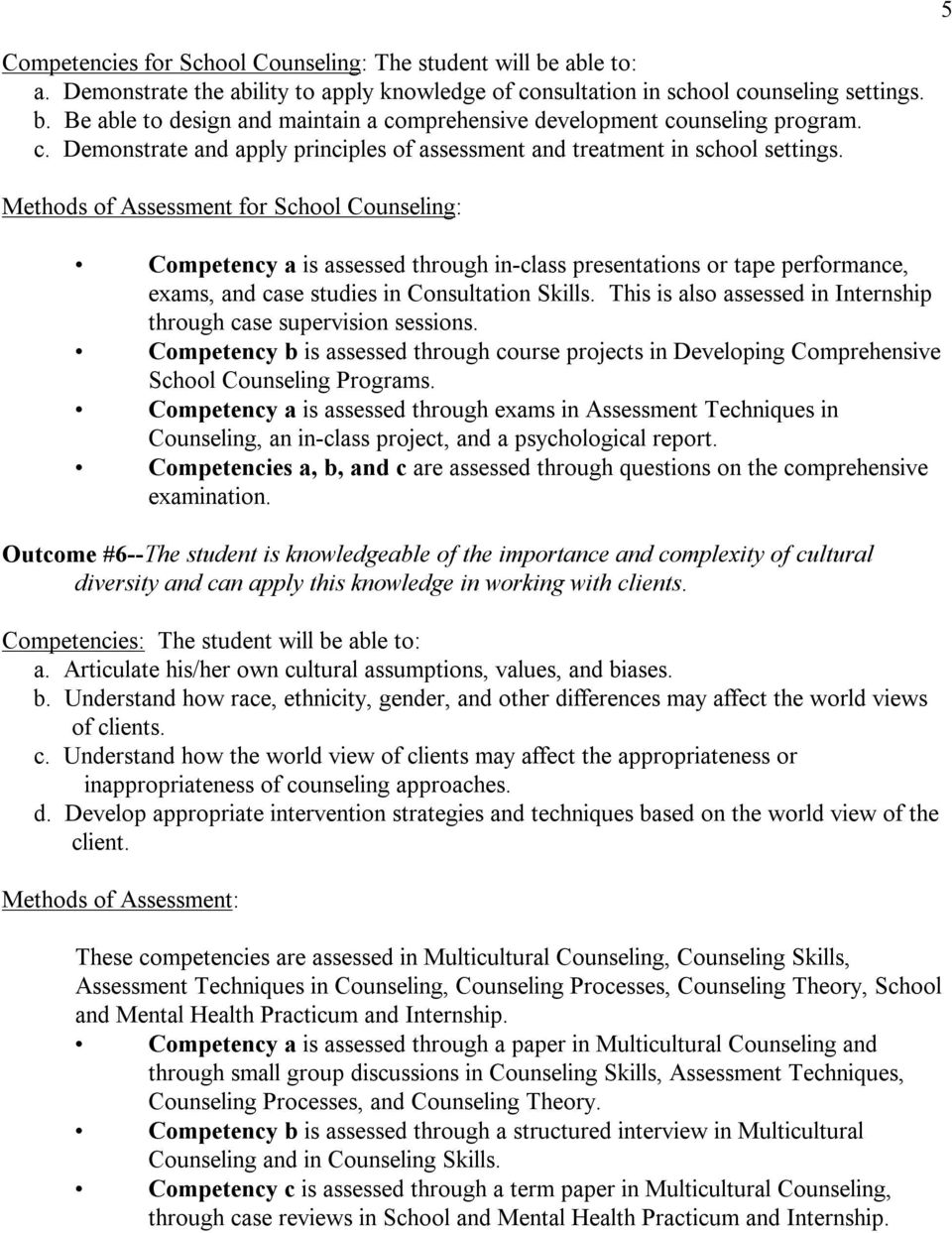 Methods of Assessment for School Counseling: Competency a is assessed through in class presentations or tape performance, exams, and case studies in Consultation Skills.