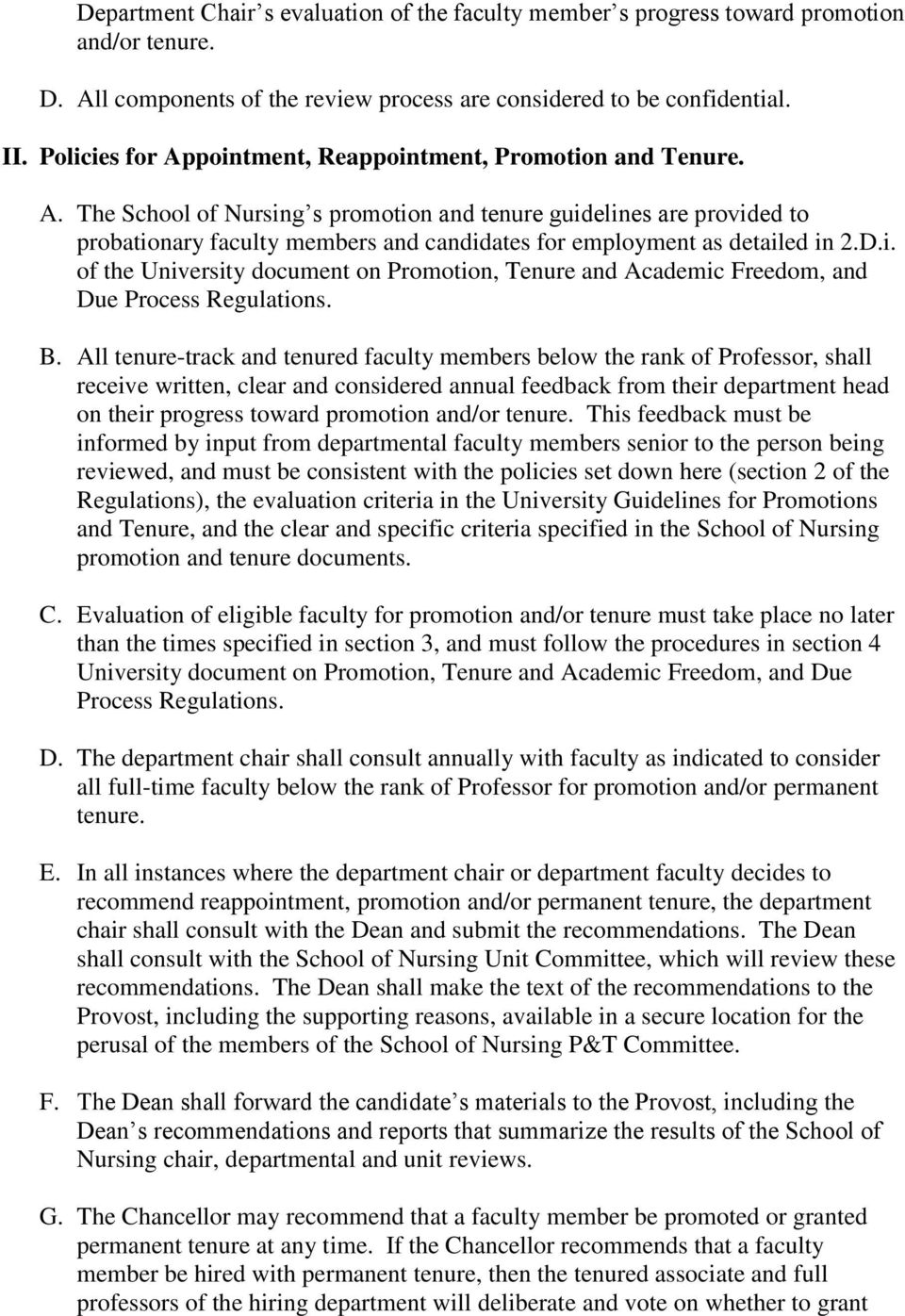 D.i. of the University document on Promotion, Tenure and Academic Freedom, and Due Process Regulations. B.