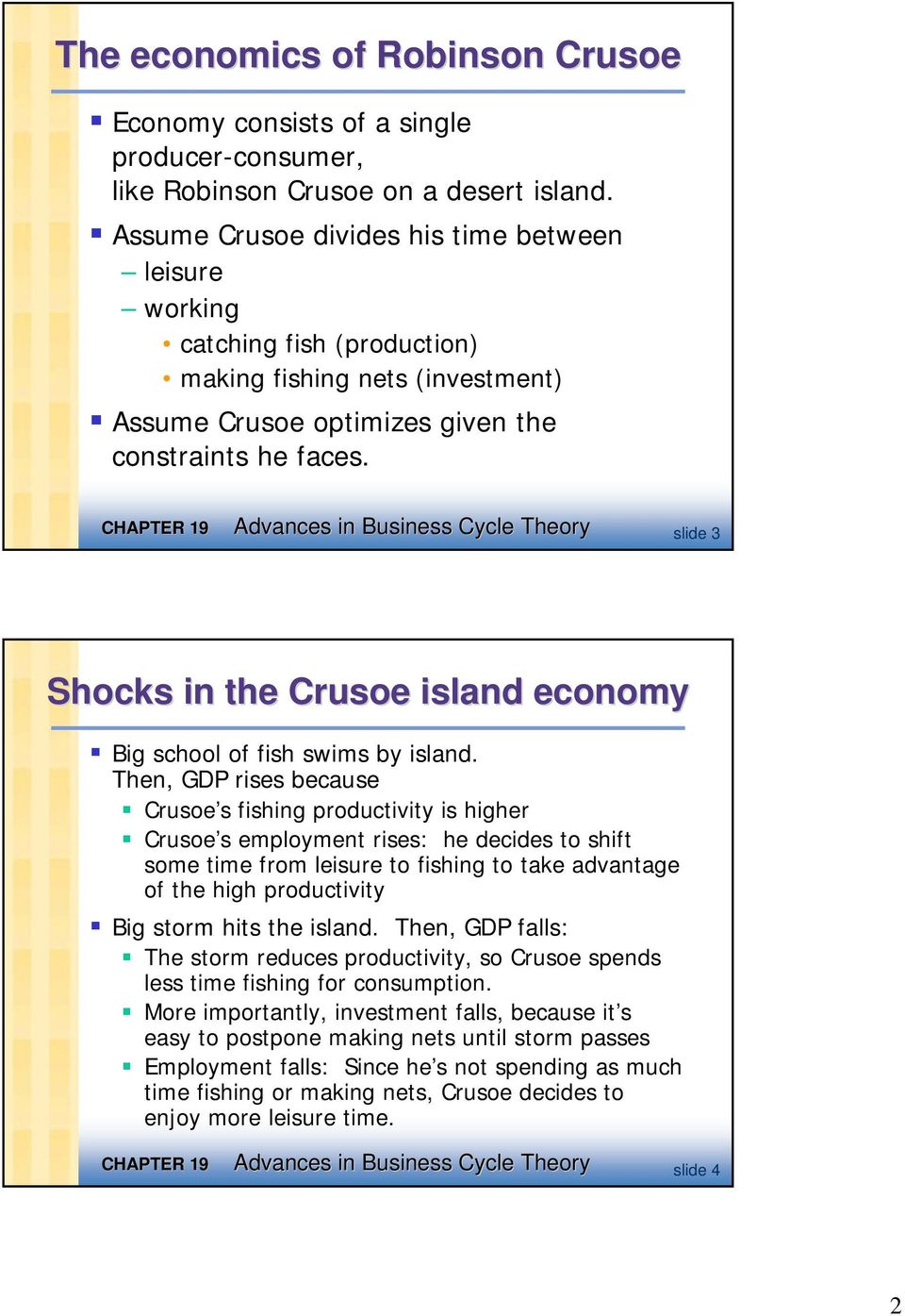 Advances in Business Cycle Theory slide 3 Shocks in the Crusoe island economy Big school of fish swims by island.