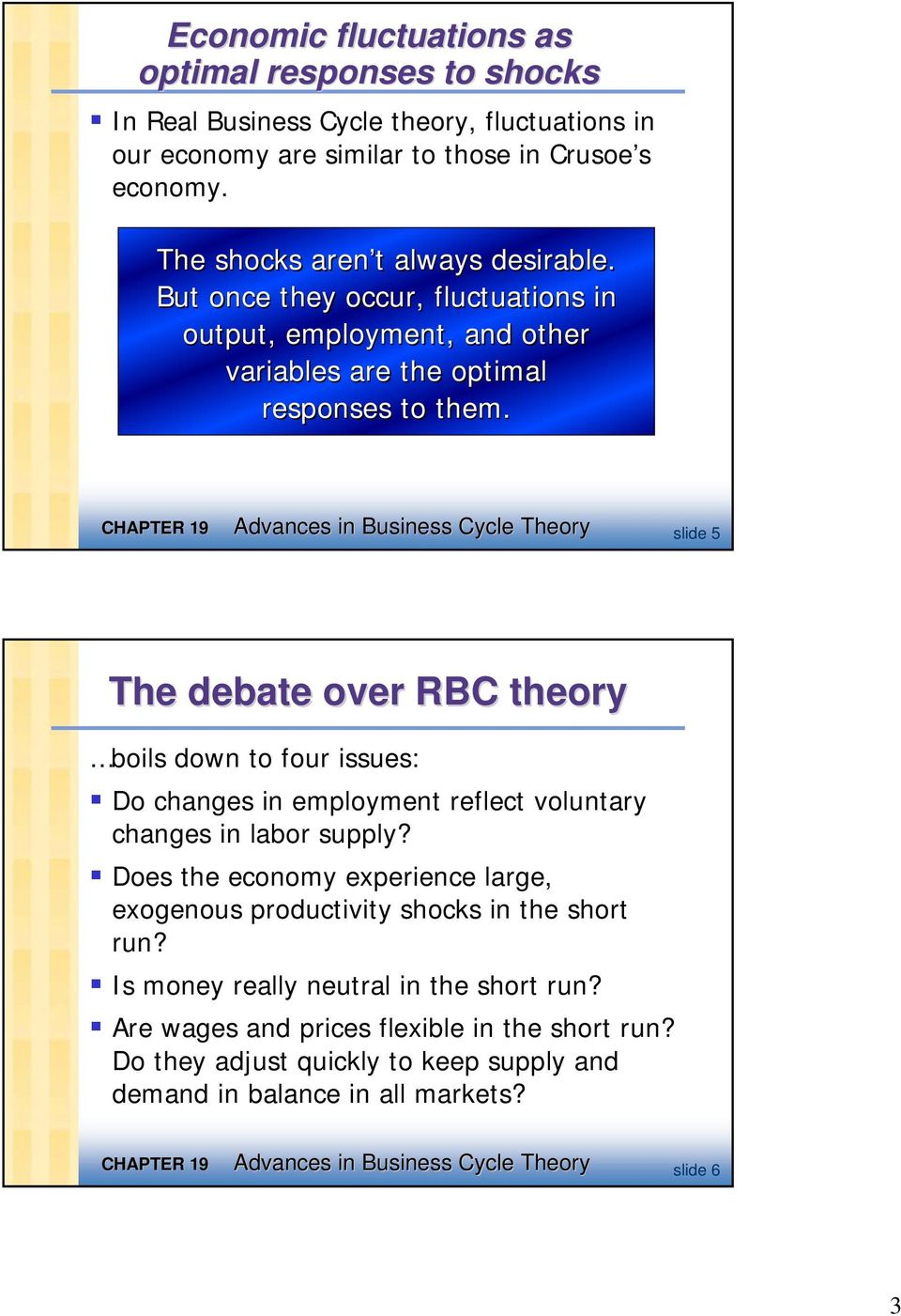 Advances in Business Cycle Theory slide 5 The debate over RBC theory boils down to four issues: Do changes in employment reflect voluntary changes in labor supply?