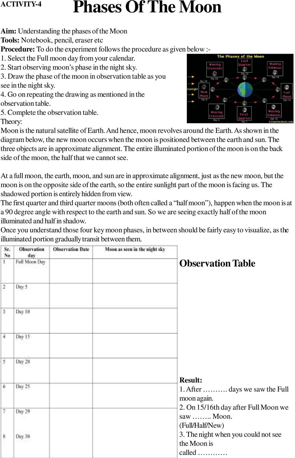 Go on repeating the drawing as mentioned in the observation table. 5. Complete the observation table. Theory: Moon is the natural satellite of Earth. And hence, moon revolves around the Earth.