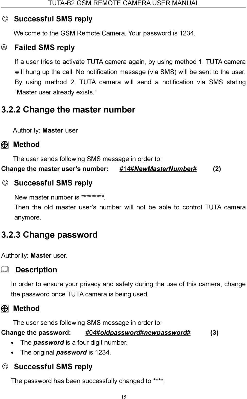 TUTA camera will send a notification via SMS stating Master user already exists. 3.2.
