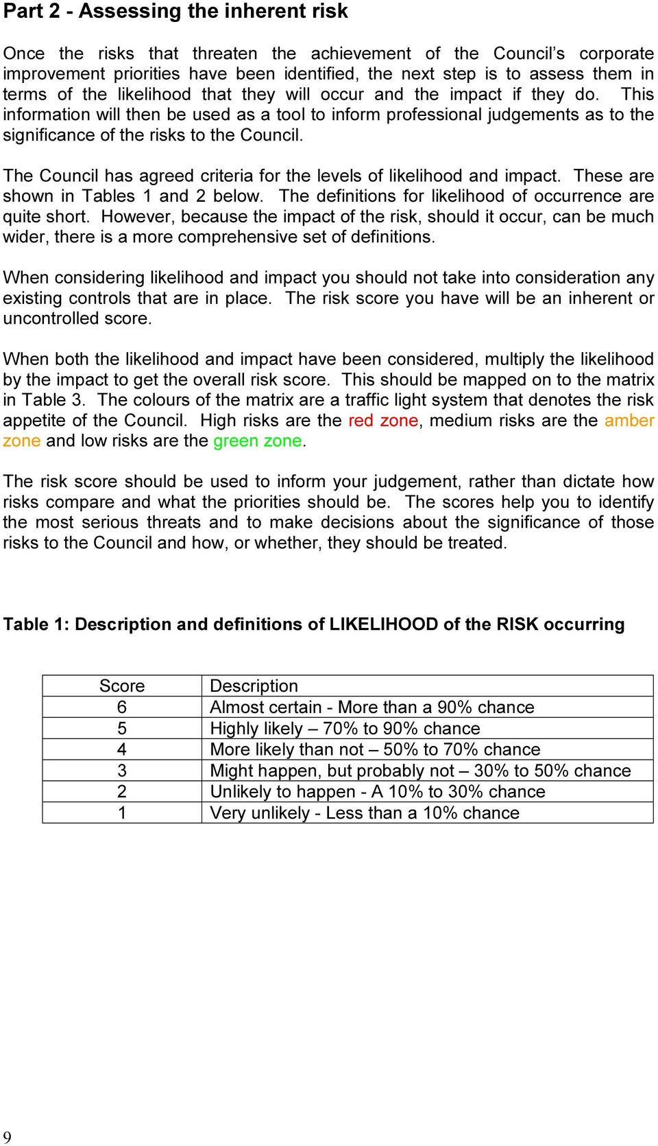 The Council has agreed criteria for the levels of likelihood and impact. These are shown in Tables 1 and 2 below. The definitions for likelihood of occurrence are quite short.