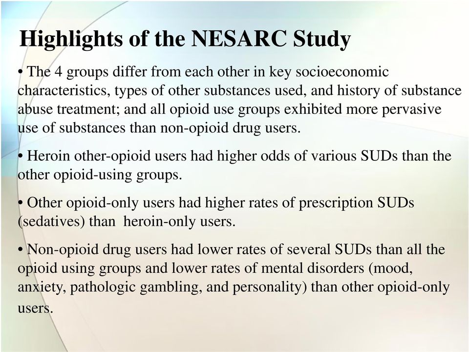 Heroin other-opioid users had higher odds of various SUDs than the other opioid-using groups.
