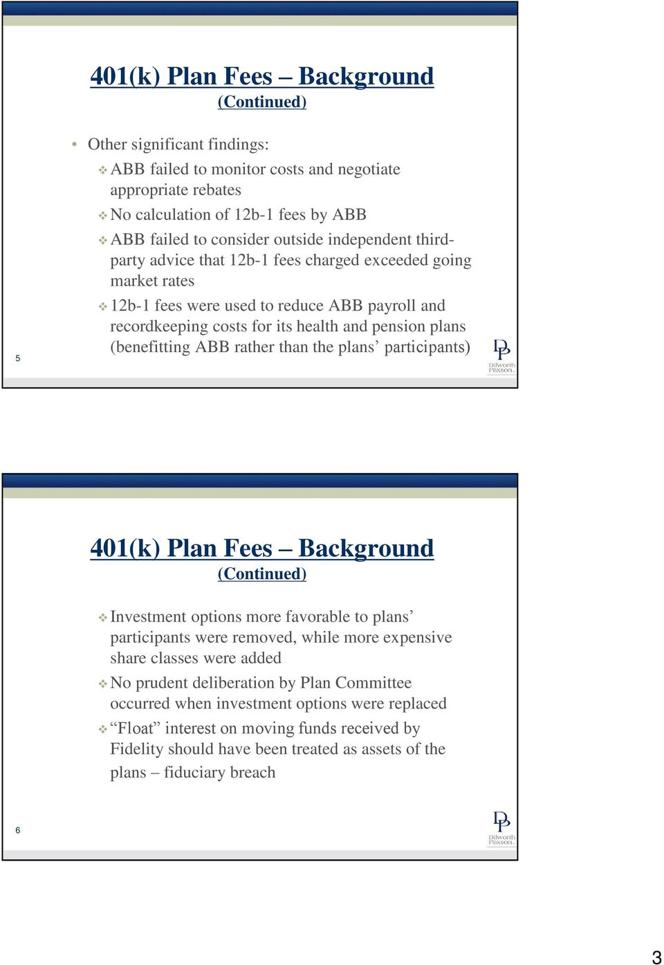 (benefitting ABB rather than the plans participants) 401(k) Plan Fees Background Investment options more favorable to plans participants were removed, while more expensive share classes were