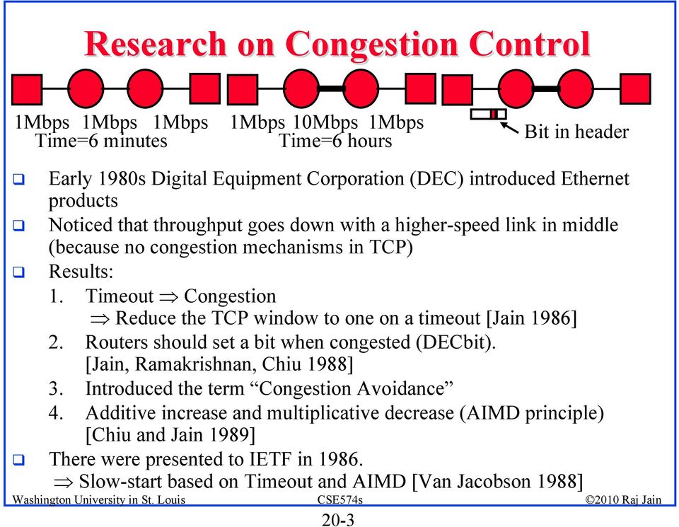 Timeout Congestion Reduce the TCP window to one on a timeout [Jain 1986] 2. Routers should set a bit when congested (DECbit). [Jain, Ramakrishnan, Chiu 1988] 3.