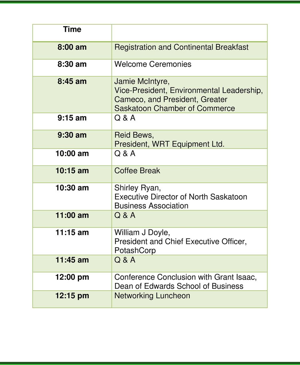 10:00 am Q & A 10:15 am Coffee Break 10:30 am Shirley Ryan, Executive Director of North Saskatoon Business Association 11:00 am Q & A 11:15 am William