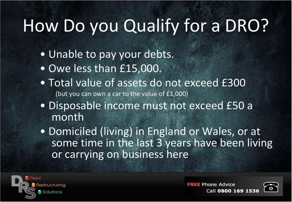 1,000) Disposable income must not exceed 50 a month Domiciled (living) in England