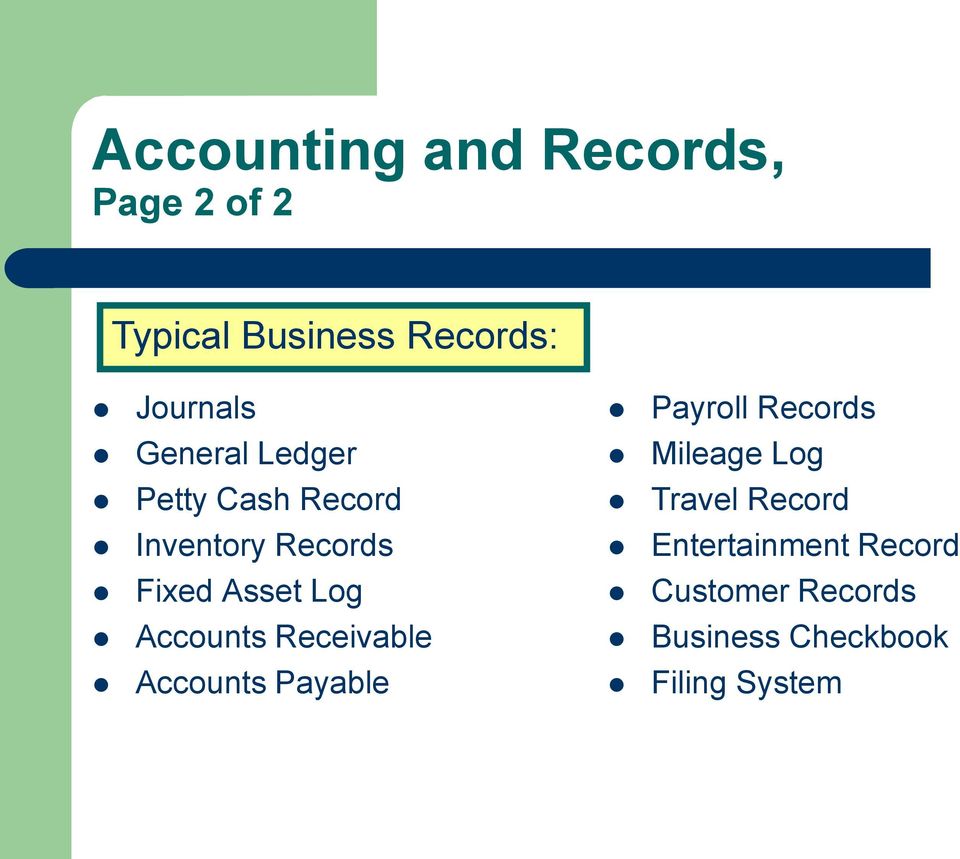Accounts Receivable Accounts Payable Payroll Records Mileage Log Travel