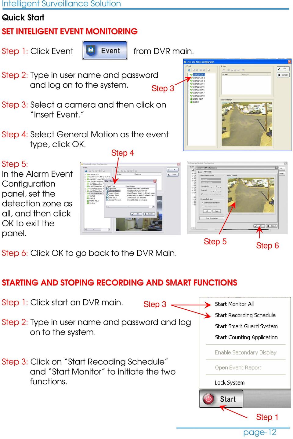 Step 4 Step 5: In the Alarm Event Configuration panel, set the detection zone as all, and then click OK to exit the panel. Step 6: Click OK to go back to the DVR Main.