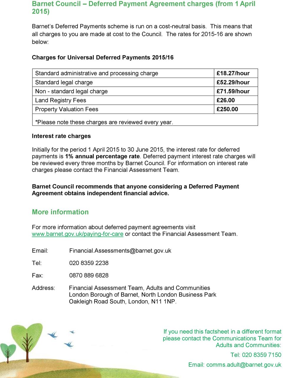 The rates for 2015-16 are shown below: Charges for Universal Deferred Payments 2015/16 Standard administrative and processing charge Standard legal charge Non - standard legal charge 18.27/hour 52.