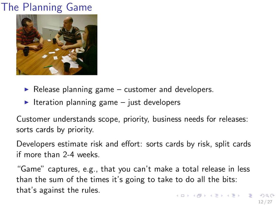 cards by priority. Developers estimate risk and effort: sorts cards by risk, split cards if more than 2-4 weeks.