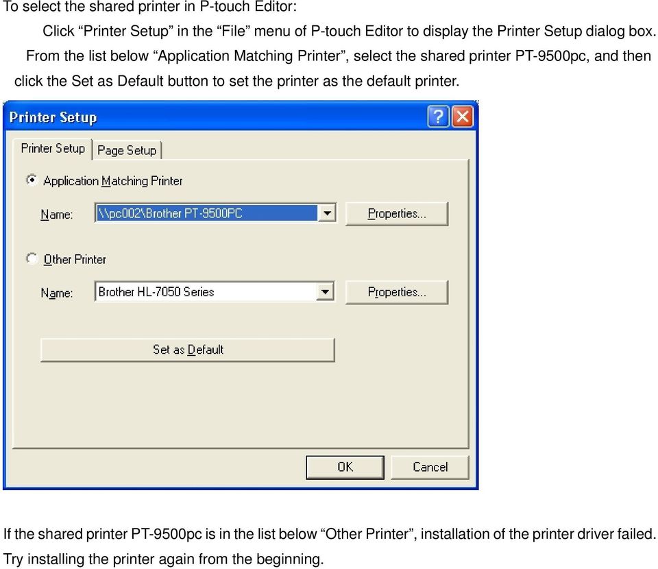 From the list below Application Matching Printer, select the shared printer PT-9500pc, and then click the Set as