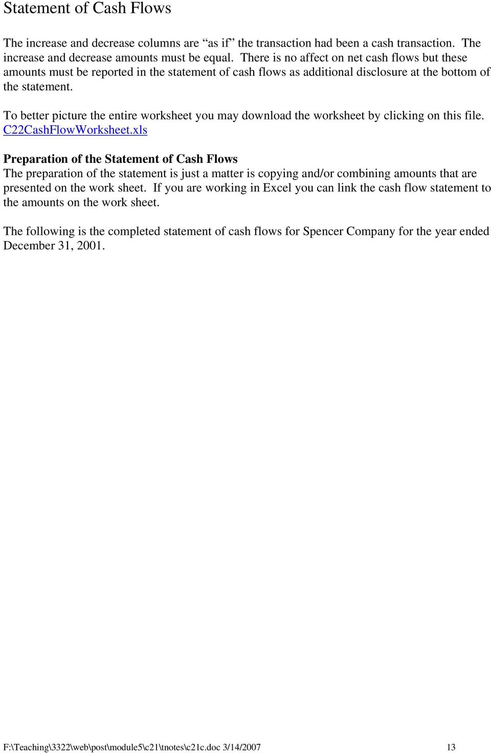 To better picture the entire worksheet you may download the worksheet by clicking on this file. C22CashFlowWorksheet.