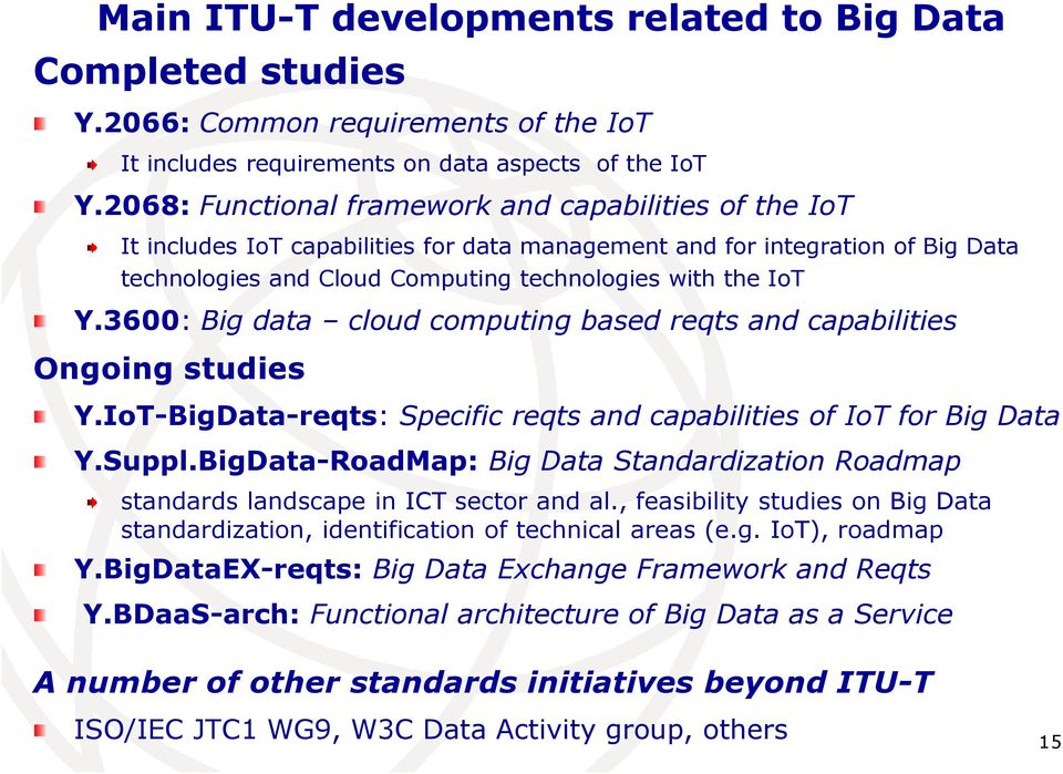 3600: Big data cloud computing based reqts and capabilities Ongoing studies Y.IoT-BigData-reqts: Specific reqts and capabilities of IoT for Big Data Y.Suppl.
