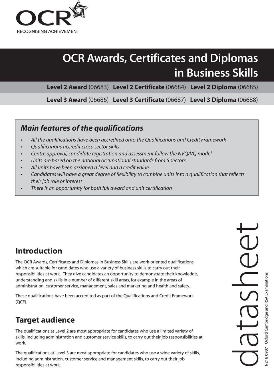 candidate registration and assessment follow the NVQ/VQ model Units are based on the national occupational standards from 5 sectors All units have been assigned a level and a credit value Candidates