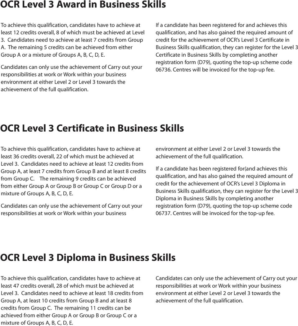 If a candidate has been registered for and achieves this qualification, and has also gained the required amount of credit for the achievement of OCR s Level 3 Certificate in Business Skills