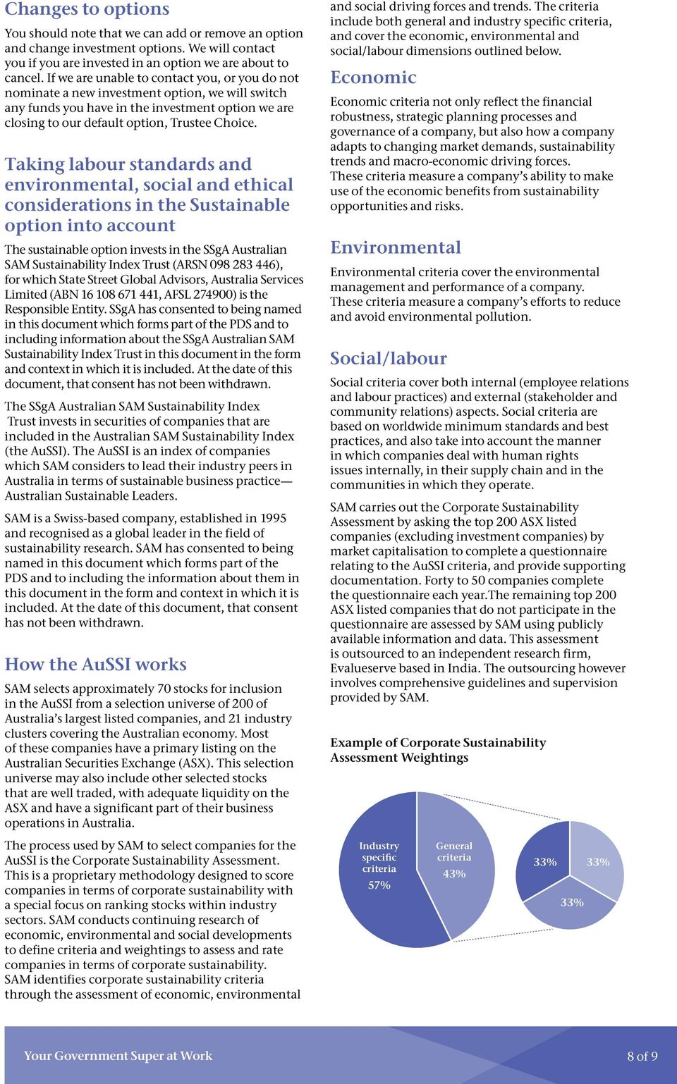 Taking labour standards and environmental, social and ethical considerations in the Sustainable option into account The sustainable option invests in the SSgA Australian SAM Sustainability Index