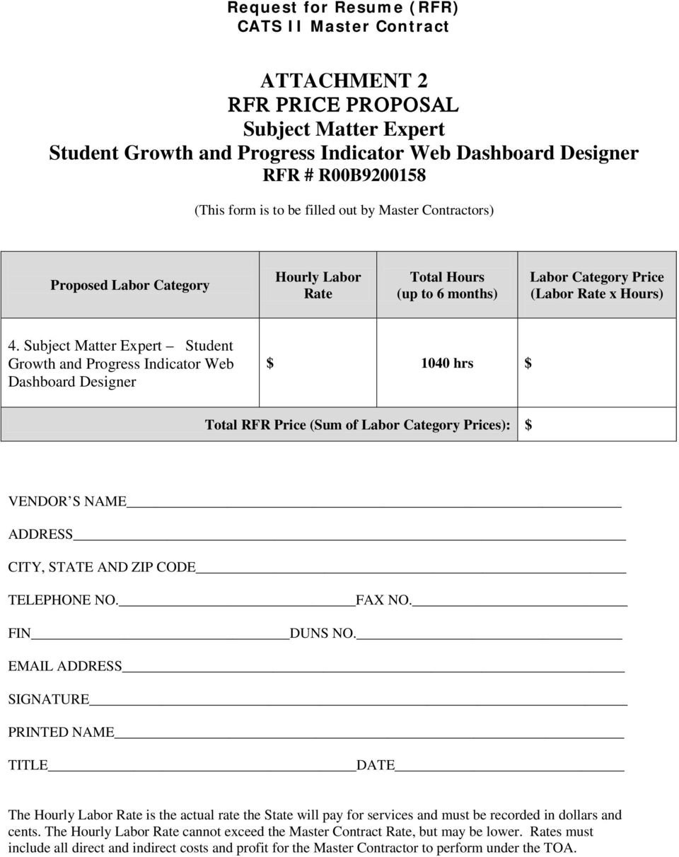 Subject Matter Expert Student Growth and Progress Indicator Web Dashboard Designer $ 1040 hrs $ Total RFR Price (Sum of Labor Category Prices): $ VENDOR S NAME ADDRESS CITY, STATE AND ZIP CODE