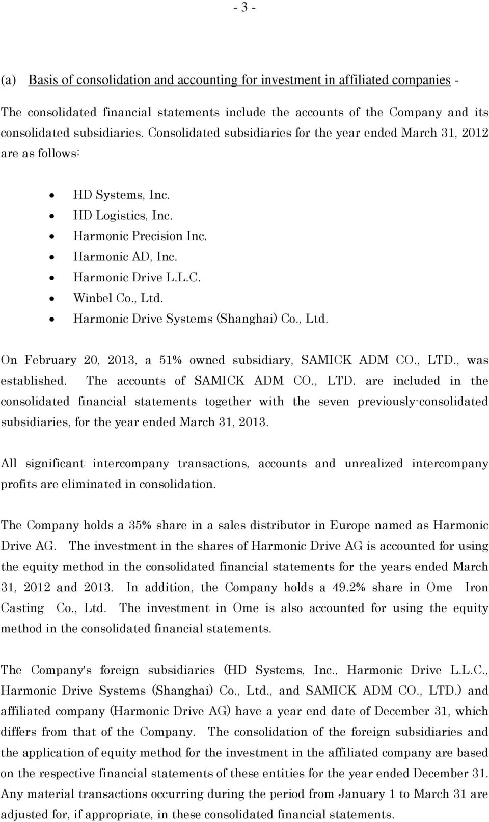 Harmonic Drive Systems (Shanghai) Co., Ltd. On February 20, 2013, a 51% owned subsidiary, SAMICK ADM CO., LTD.