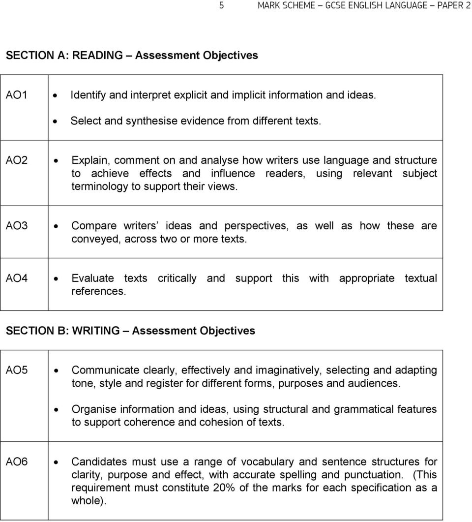 AO2 Explain, comment on and analyse how writers use language and structure to achieve effects and influence readers, using relevant subject terminology to support their views.