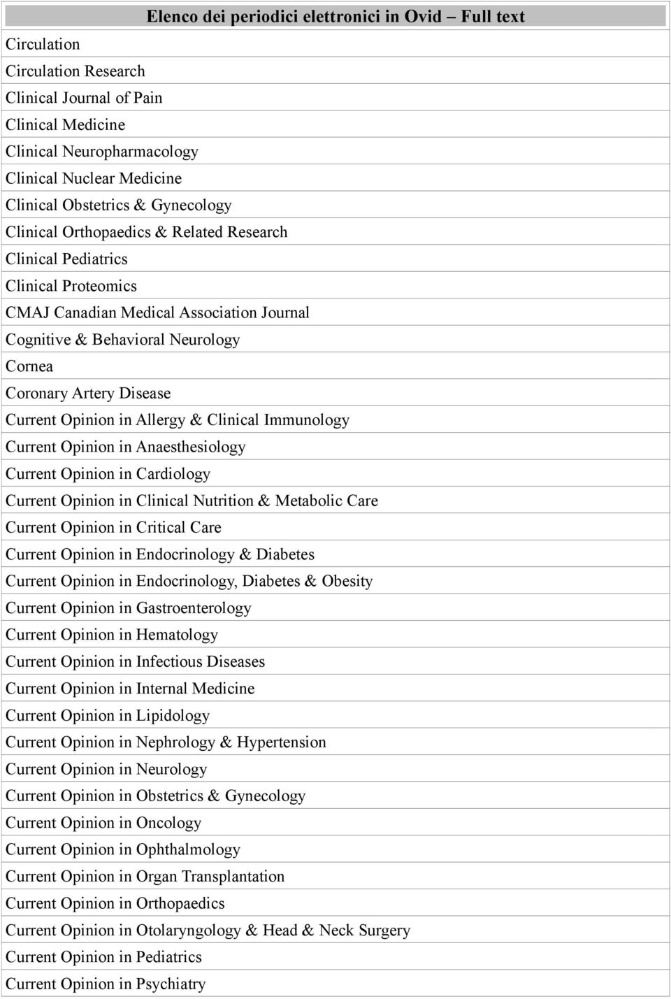 Immunology Current Opinion in Anaesthesiology Current Opinion in Cardiology Current Opinion in Clinical Nutrition & Metabolic Care Current Opinion in Critical Care Current Opinion in Endocrinology &