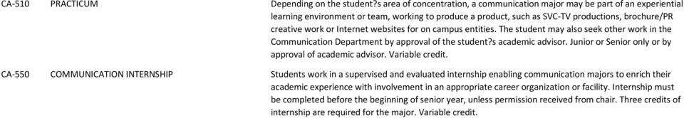 Internet websites for on campus entities. The student may also seek other work in the Communication Department by approval of the student?s academic advisor.