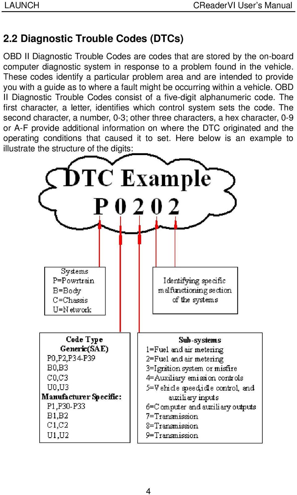 OBD II Diagnostic Trouble Codes consist of a five-digit alphanumeric code. The first character, a letter, identifies which control system sets the code.