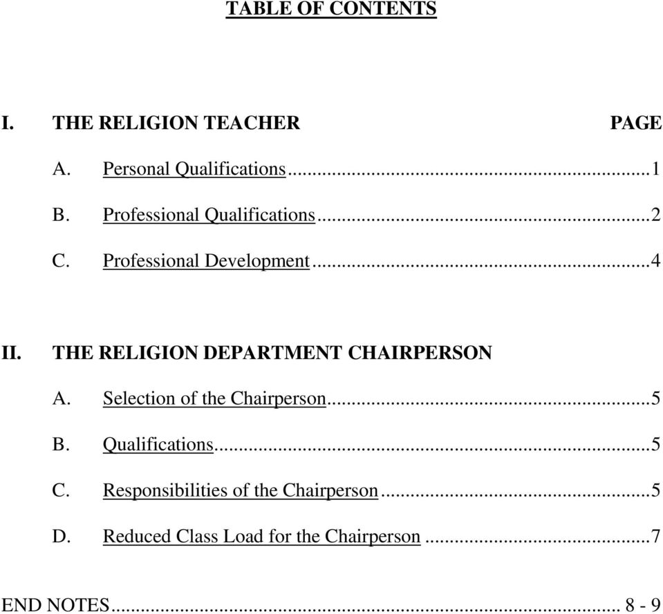 THE RELIGION DEPARTMENT CHAIRPERSON A. Selection of the Chairperson... 5 B.