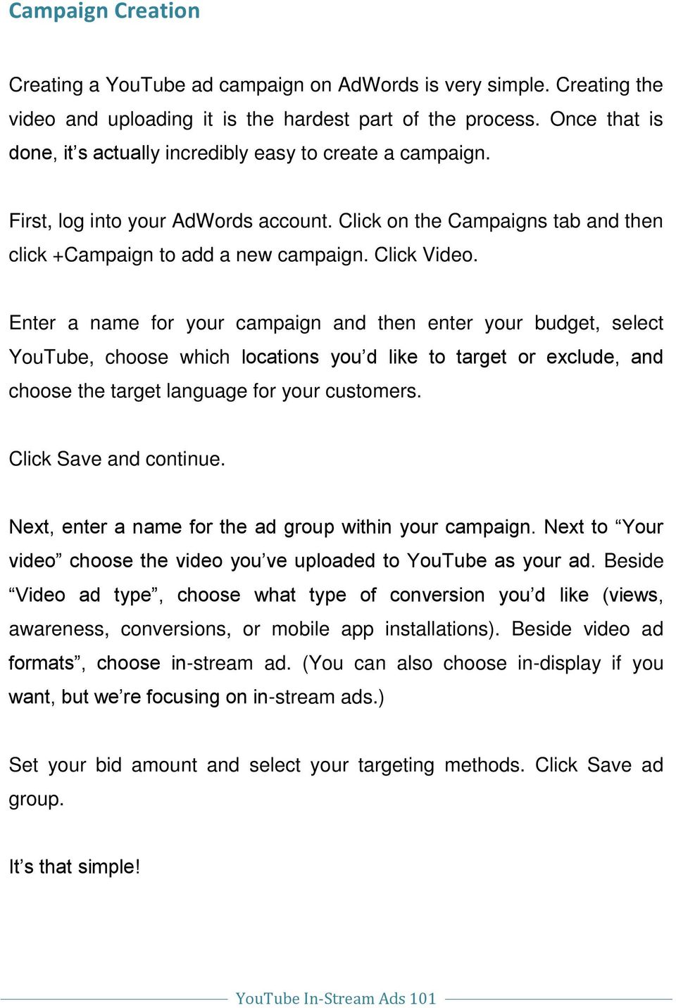 Enter a name for your campaign and then enter your budget, select YouTube, choose which locations you d like to target or exclude, and choose the target language for your customers.