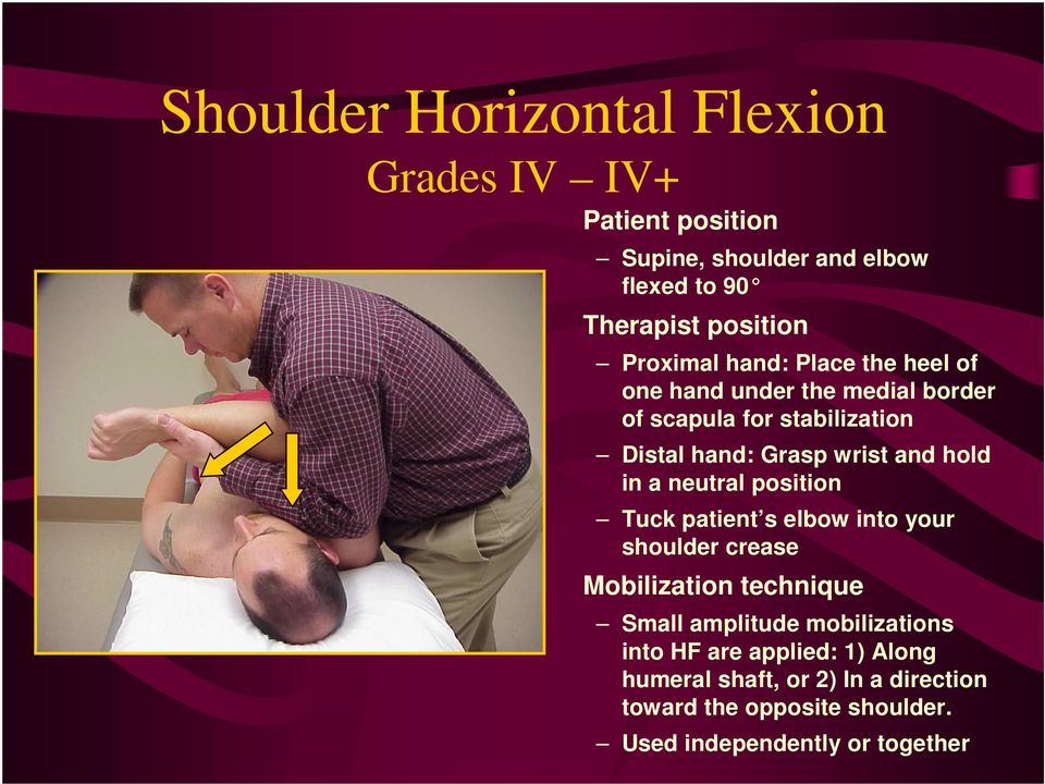 and hold in a neutral position Tuck patient s elbow into your shoulder crease Small amplitude mobilizations into