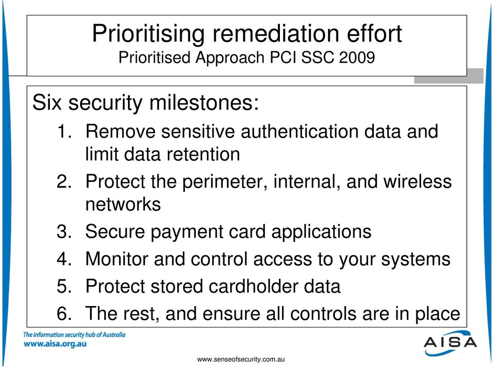 Protect the perimeter, internal, and wireless networks 3. Secure payment card applications 4.