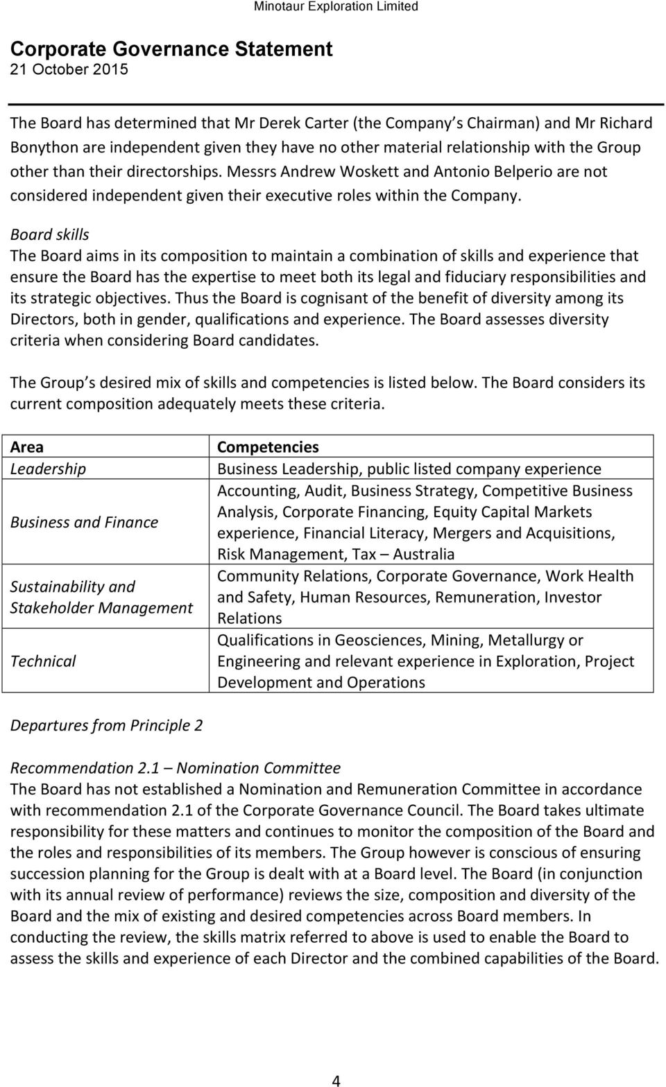 Board skills The Board aims in its composition to maintain a combination of skills and experience that ensure the Board has the expertise to meet both its legal and fiduciary responsibilities and its