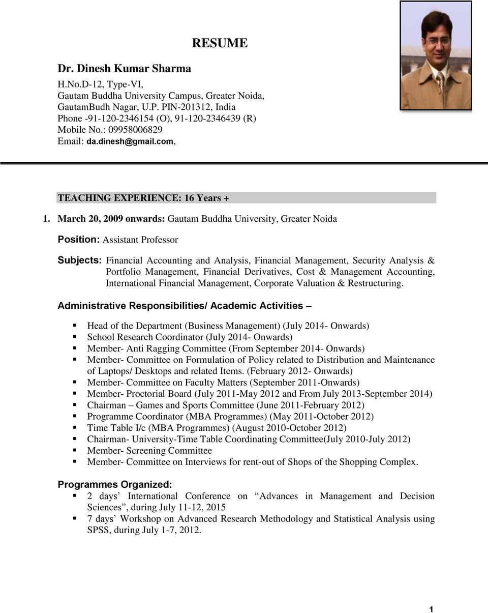Resume 1 March 20 2009 Onwards Gautam Buddha University Greater